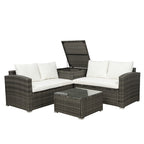 4 PCS Outdoor Cushioned PE Rattan Wicker Sectional Sofa Set Garden Patio Furniture Set With Storage Space