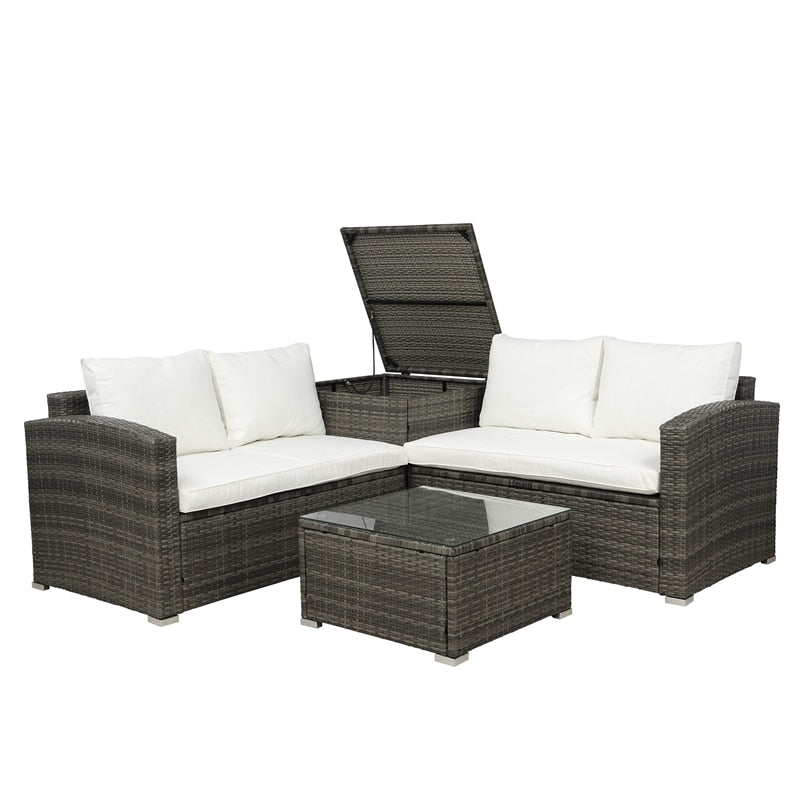 4 PCS Outdoor Cushioned PE Rattan Wicker Sectional Sofa Set Garden Patio Furniture Set With Storage Space