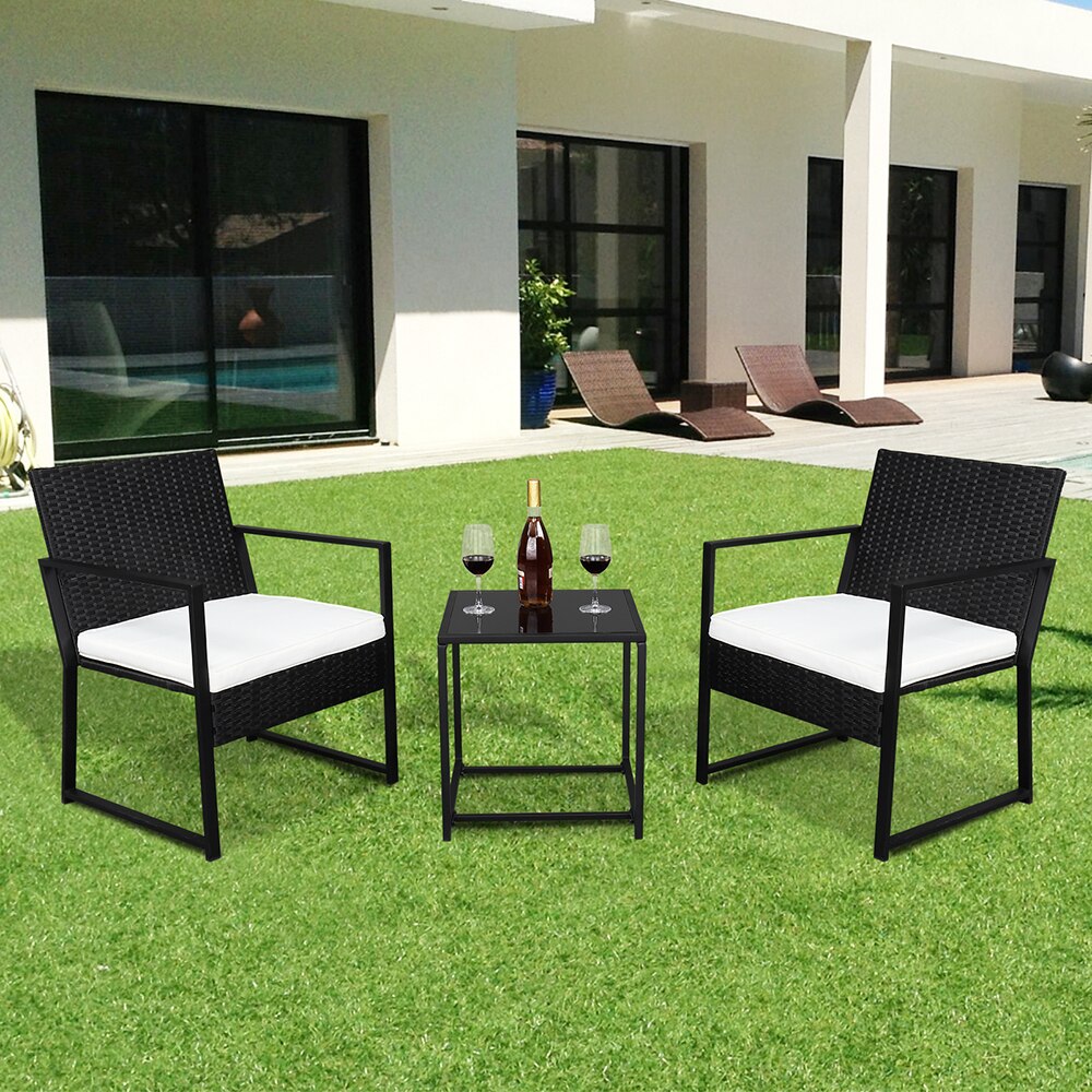 3 Piece Patio Furniture Set Wicker Rattan Outdoor Patio Conversation Set 2 Cushioned Chairs & End Table