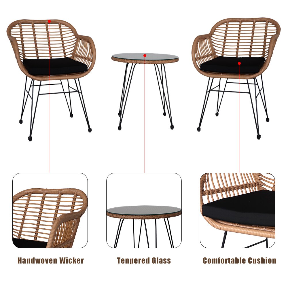 3 Pcs Outdoor Patio Furniture Set Wicker Rattan Conversation with Tempered Glass Table Flaxen Yellow for Porch Poolside Yard