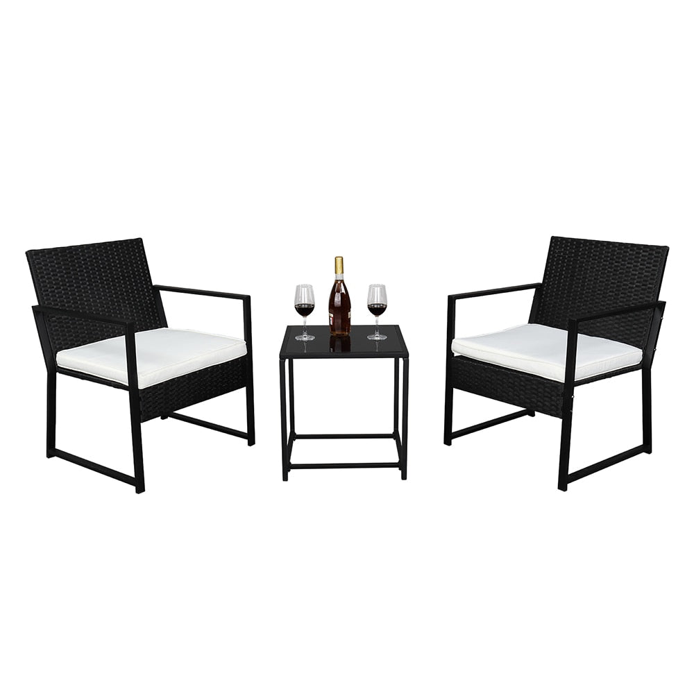 3 Piece Patio Furniture Set Wicker Rattan Outdoor Patio Conversation Set 2 Cushioned Chairs & End Table