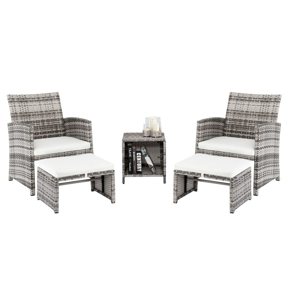 5Pcs Patio Furniture Set Include 2 Chairs 2 Footstools 1 Coffee Table High Quality PE Rattan&Iron Frame Gray Gradient[US-Stock]