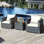3 PC Patio Rattan Furniture Bistro Set Cushioned Sofa Chair Table White HW66530WH