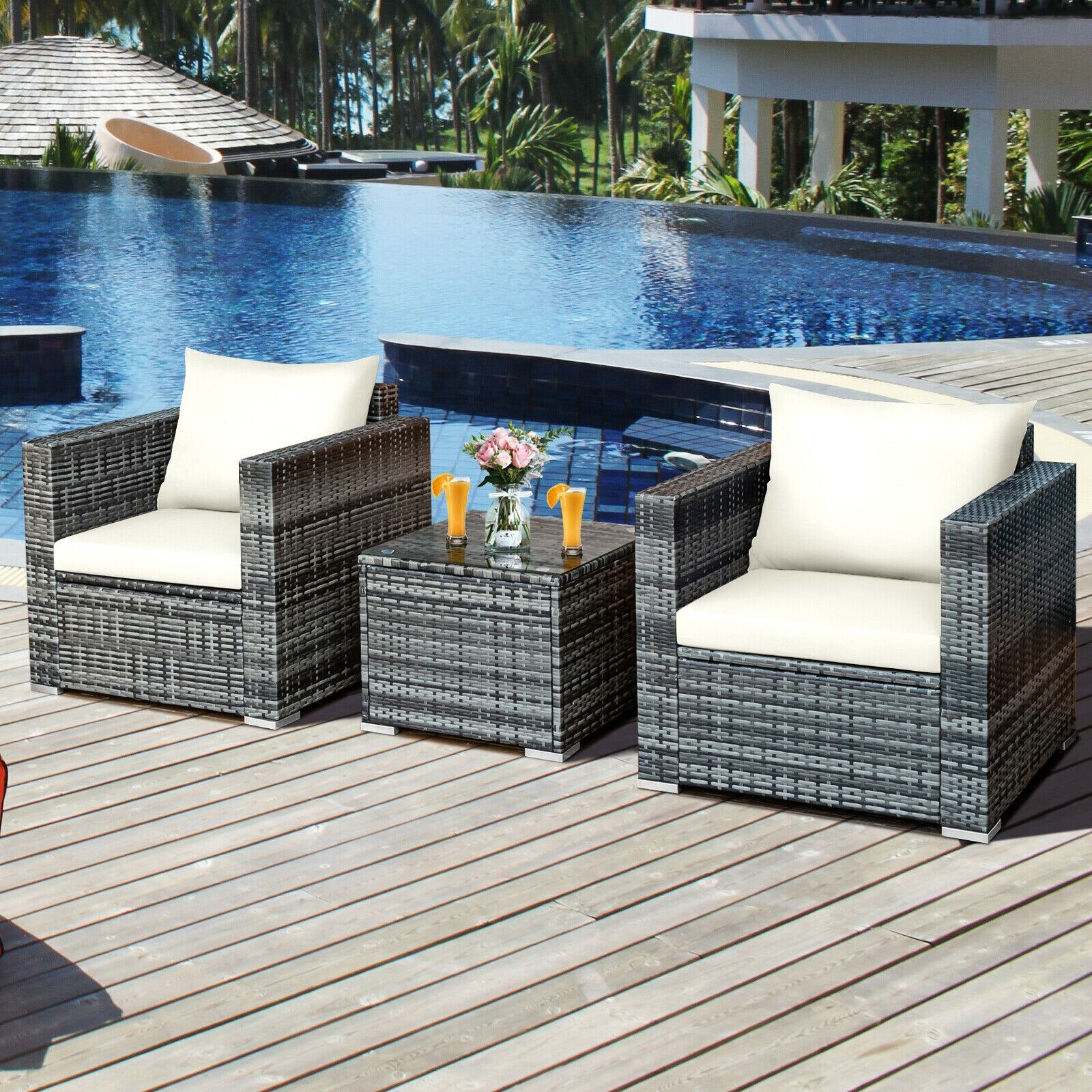 3 PC Patio Rattan Furniture Bistro Set Cushioned Sofa Chair Table White HW66530WH