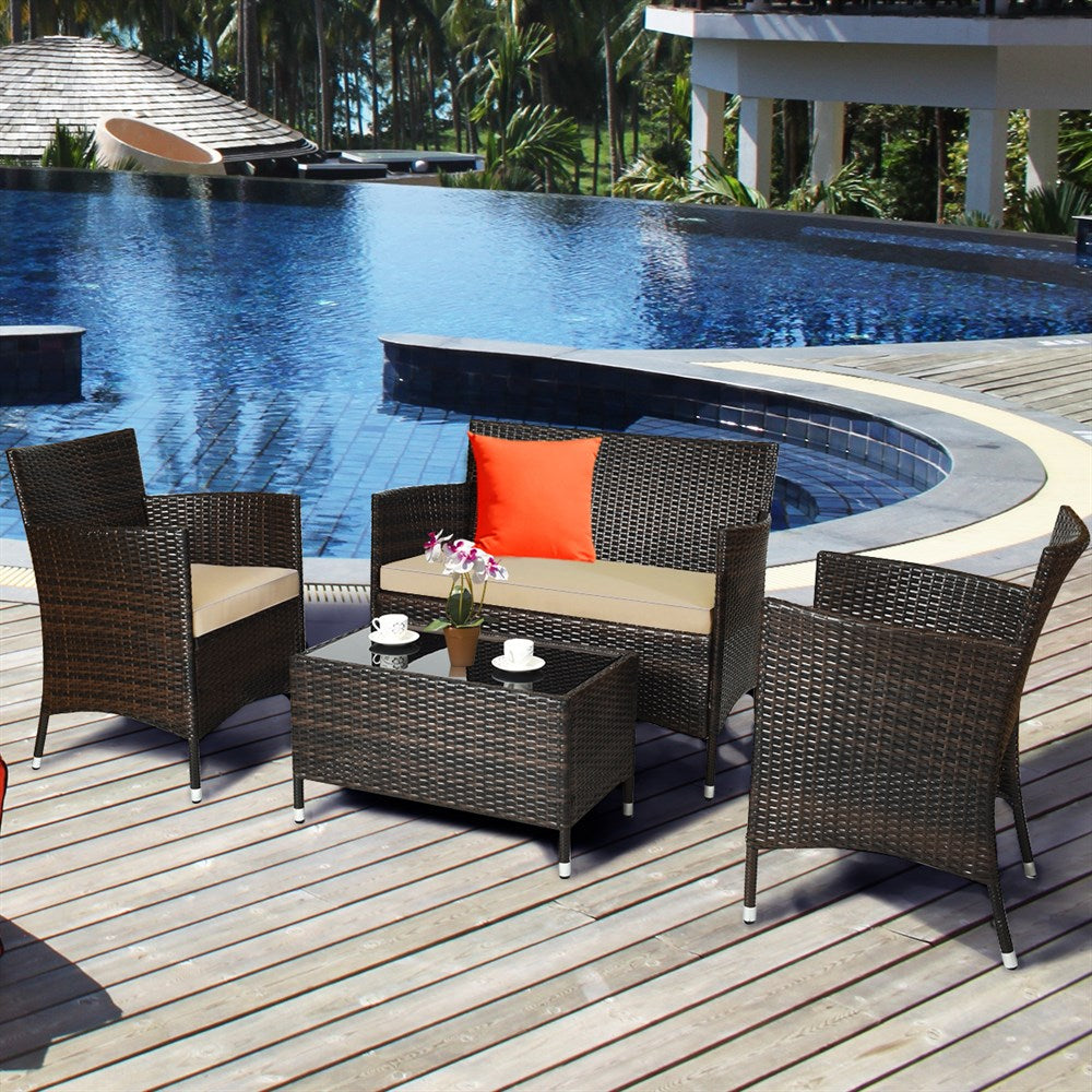 8PCS Rattan Patio Furniture Set Cushioned Sofa Chair Coffee Table Garden