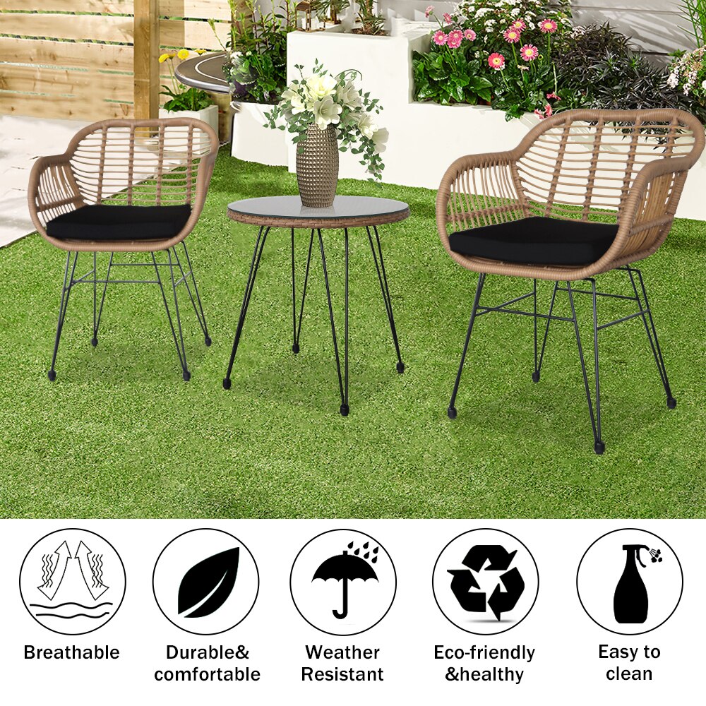 3 Pcs Outdoor Patio Furniture Set Wicker Rattan Conversation with Tempered Glass Table Flaxen Yellow for Porch Poolside Yard
