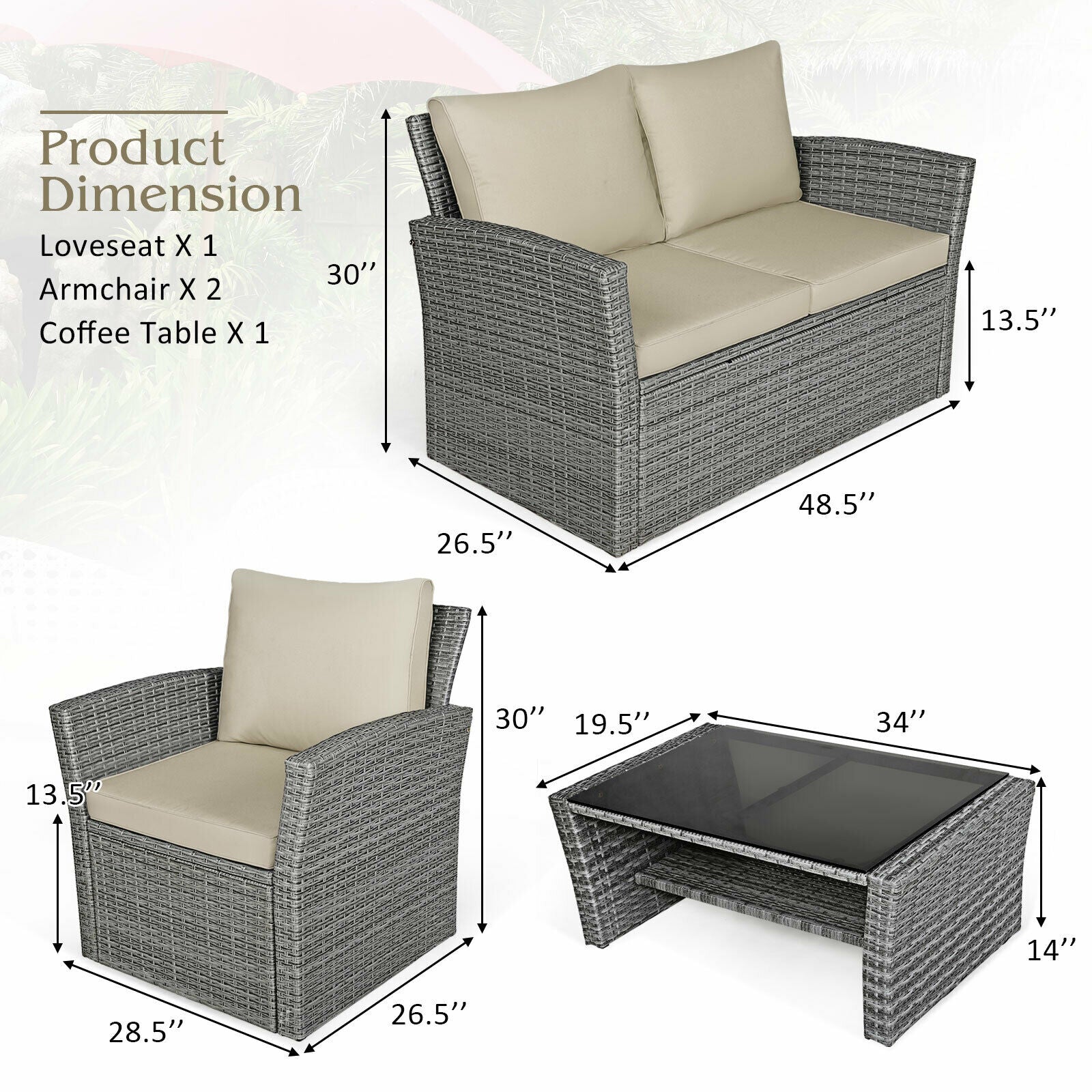 4PCS Patio Rattan Furniture Set Sofa Table Storage Shelf Khaki Cushion  HW67841ABN