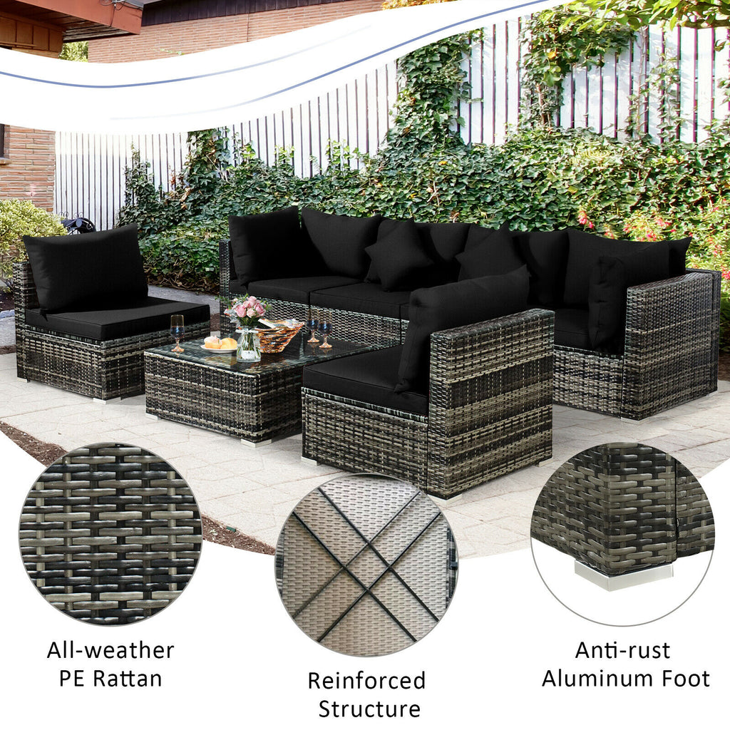 7PCS Patio Rattan Furniture Set Sectional Sofa Garden Black Cushion  HW68058BK+