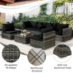 7PCS Patio Rattan Furniture Set Sectional Sofa Garden Black Cushion  HW68058BK+