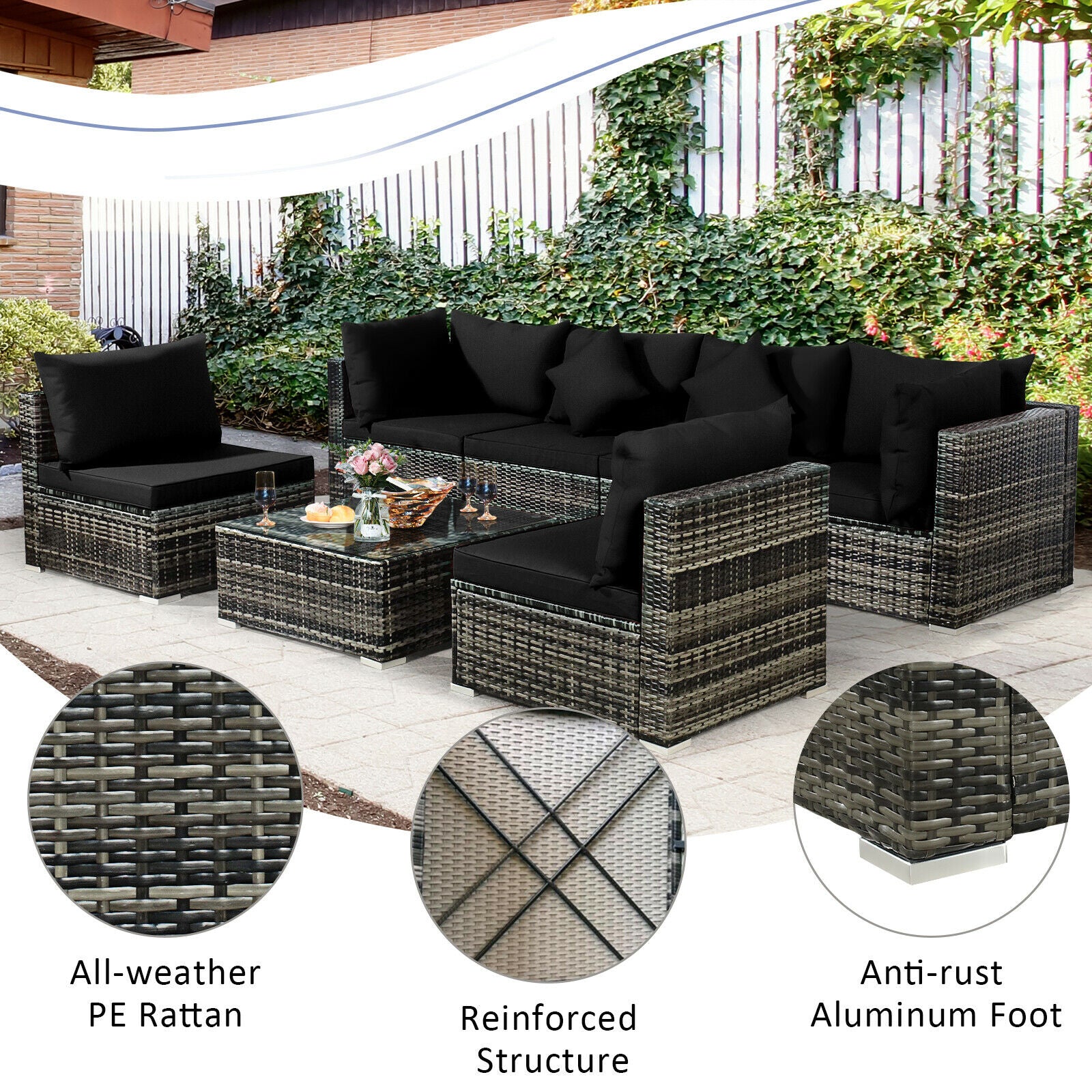 7PCS Patio Rattan Furniture Set Sectional Sofa Garden Black Cushion  HW68058BK+