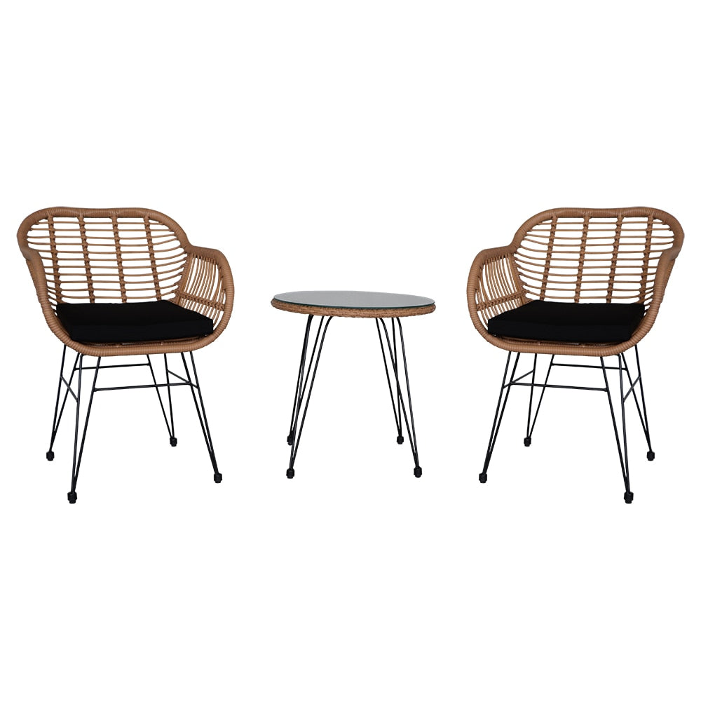3 Pcs Outdoor Patio Furniture Set Wicker Rattan Conversation with Tempered Glass Table Flaxen Yellow for Porch Poolside Yard