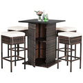 5PCS Patio Rattan Bar Table Stool Set Hidden Storage Shelf Cushioned  HW68244+