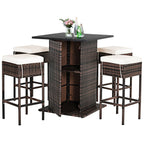5PCS Patio Rattan Bar Table Stool Set Hidden Storage Shelf Cushioned  HW68244+