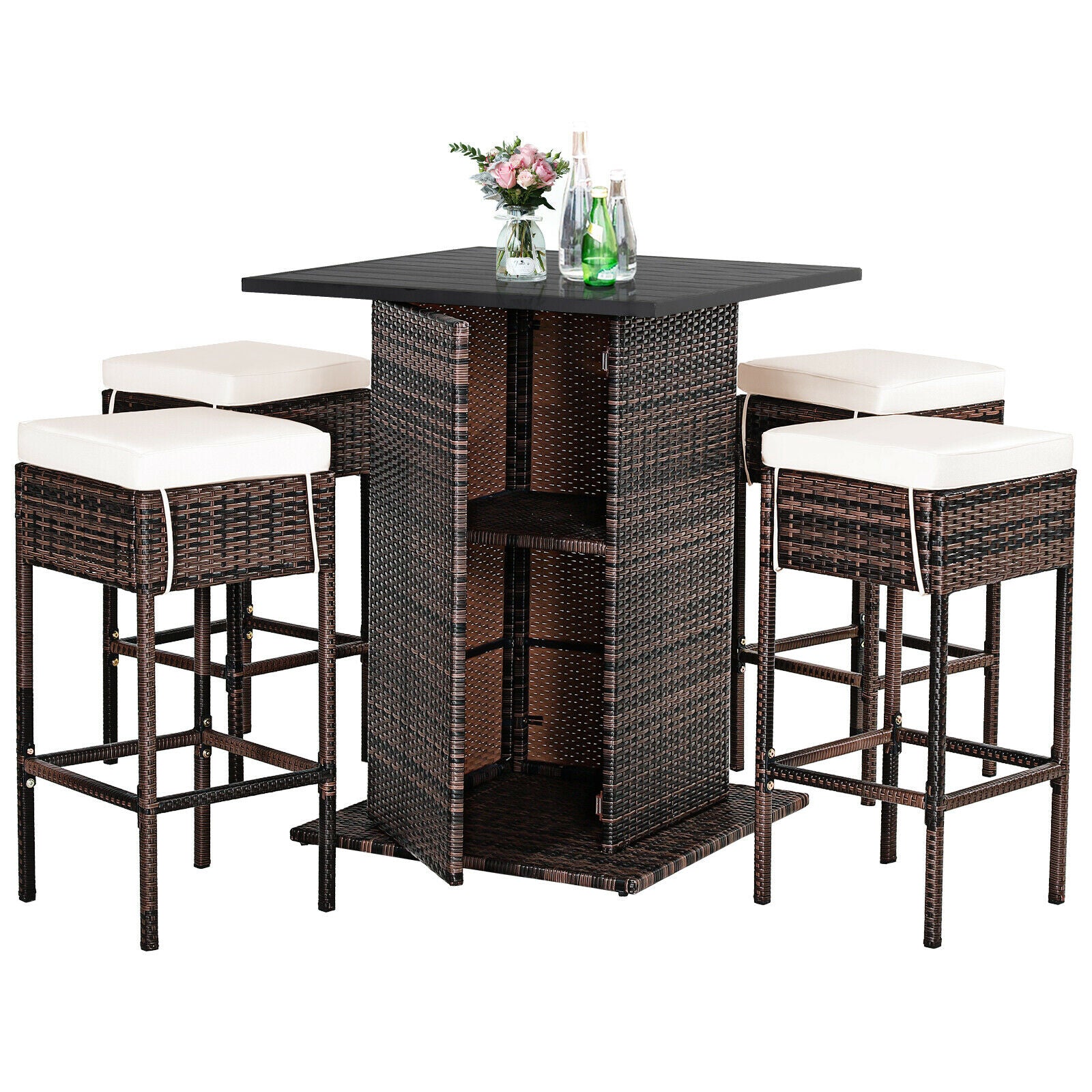 5PCS Patio Rattan Bar Table Stool Set Hidden Storage Shelf Cushioned  HW68244+