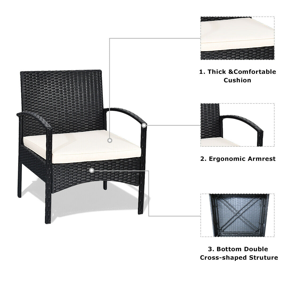 3 PCS Patio Wicker Rattan Furniture Set Coffee Table & 2 Rattan Chair W/Cushion  HW68962