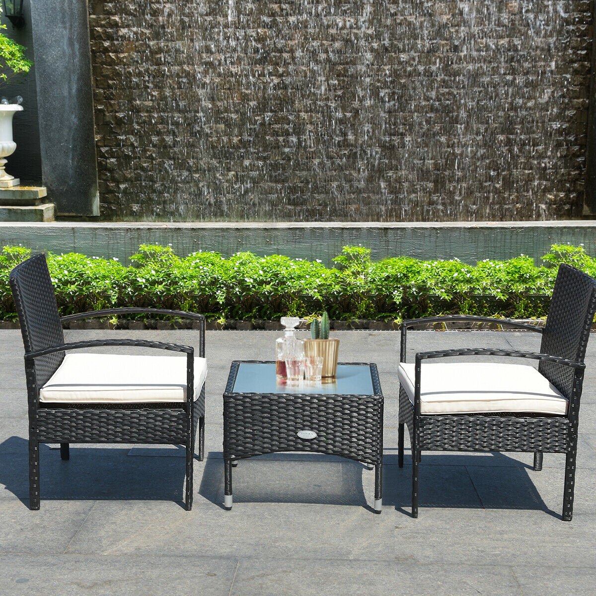 3 PCS Patio Wicker Rattan Furniture Set Coffee Table & 2 Rattan Chair W/Cushion  HW68962