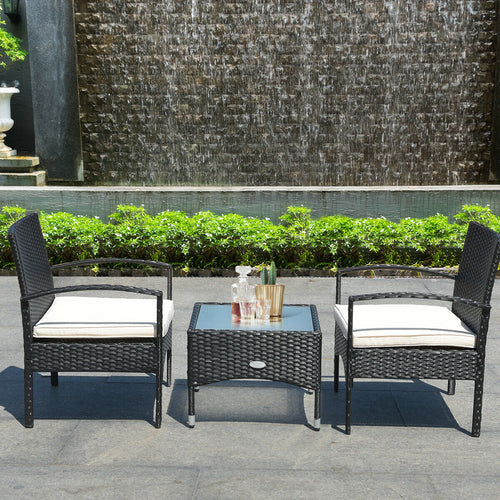 3 PCS Patio Wicker Rattan Furniture Set Coffee Table & 2 Rattan Chair W/Cushion  HW68962