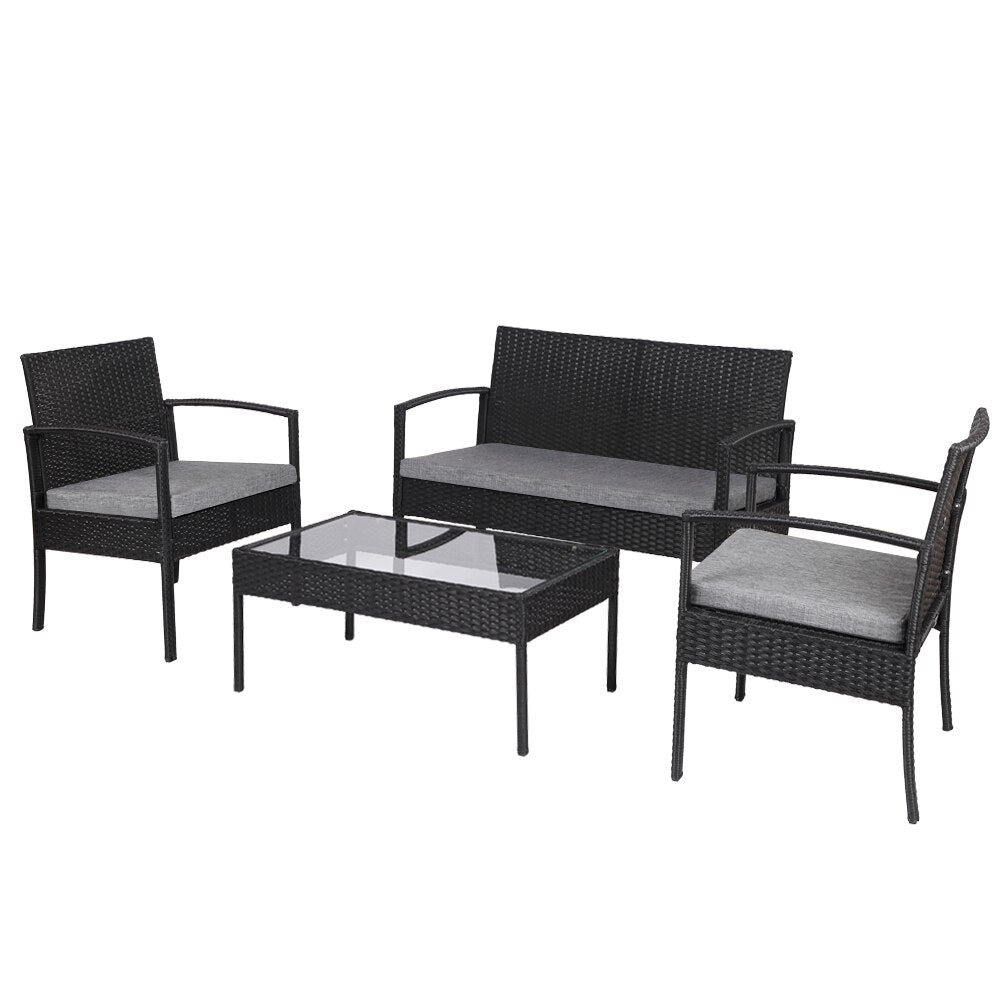 Outdoor Sofa Set Oshion 4 PCS Outdoor Patio Rattan Wicker Furniture Set with Table Sofa Cushioned Black