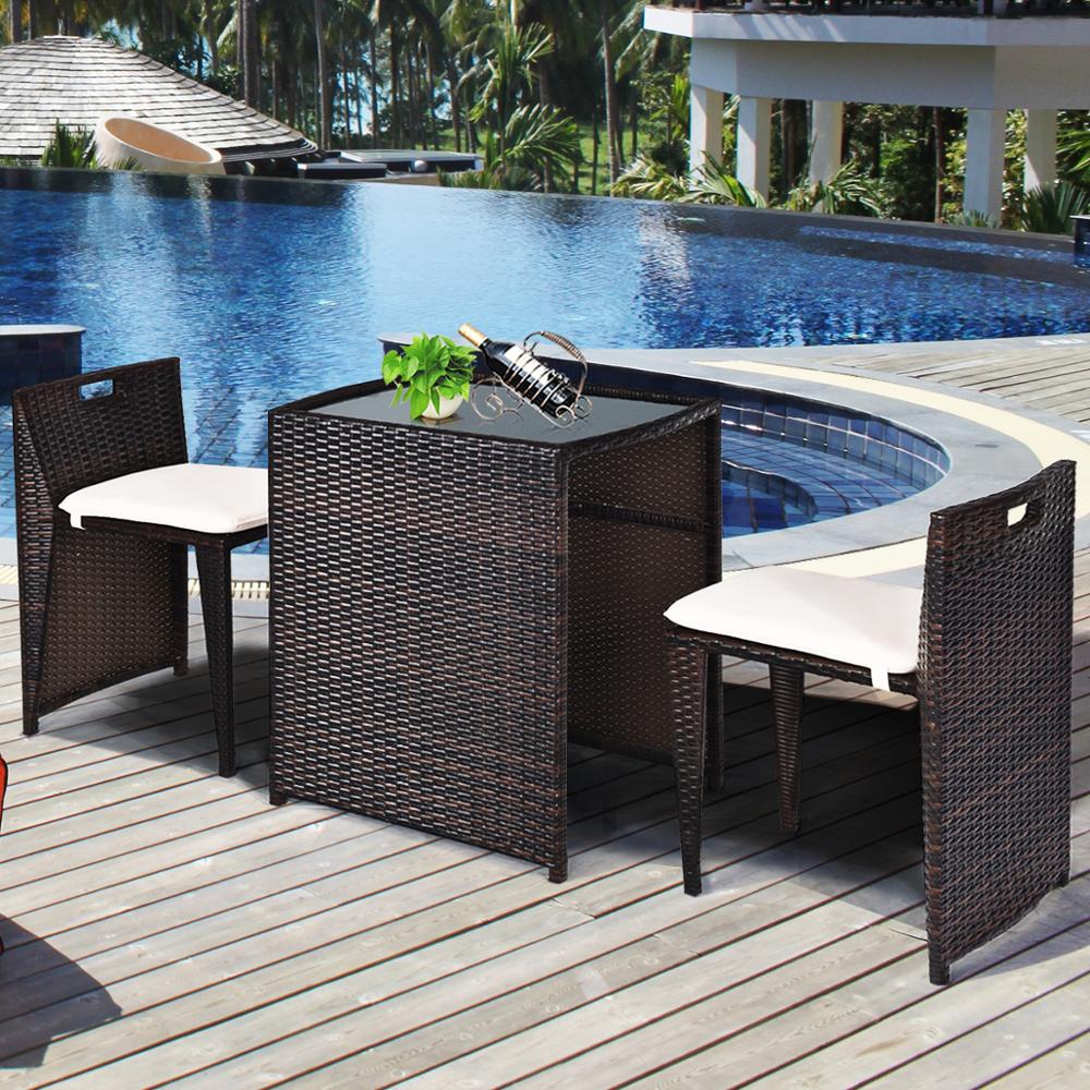 3PCS Outdoor Patio Rattan Furniture Set Space Saving Garden Deck W/Cushion HW64307
