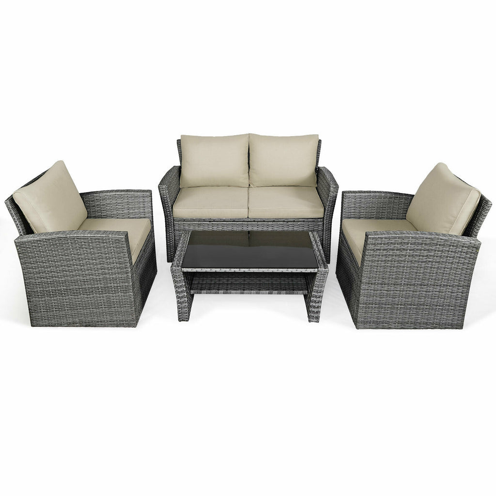 4PCS Patio Rattan Furniture Set Sofa Table Storage Shelf Khaki Cushion  HW67841ABN