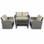 4PCS Patio Rattan Furniture Set Sofa Table Storage Shelf Khaki Cushion  HW67841ABN