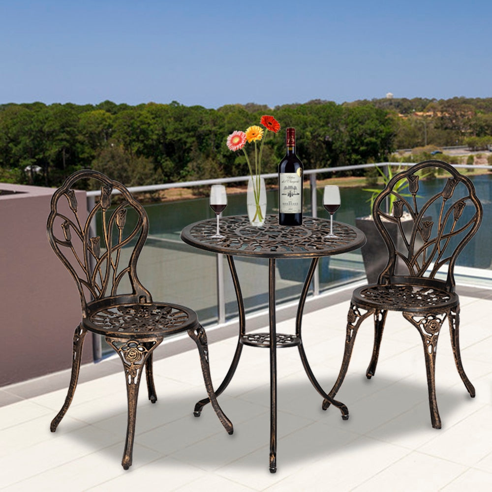 3-Piece Outdoor Rust-Resistant Cast Aluminum Patio Bistro Set w/Tulip Design, Antique Finish - Copper