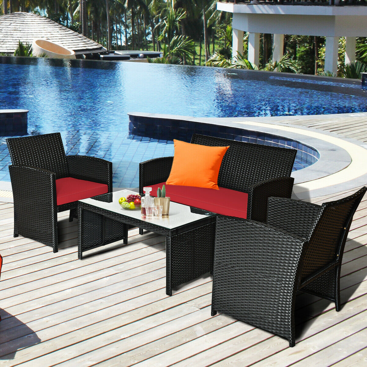 4PCS Patio Rattan Furniture Conversation Set Cushion Sofa Table Garden Red  HW63239RE