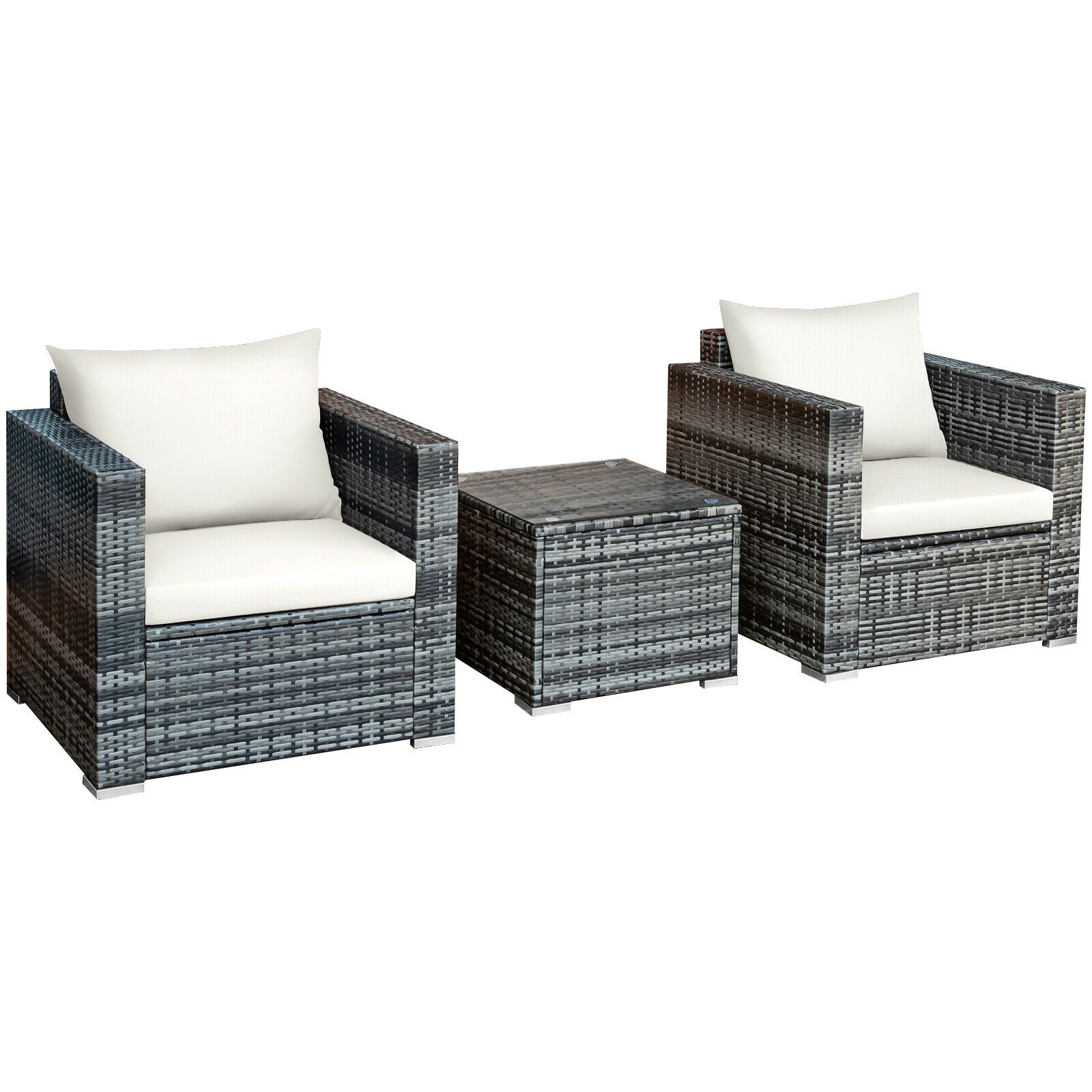 3 PC Patio Rattan Furniture Bistro Set Cushioned Sofa Chair Table White HW66530WH