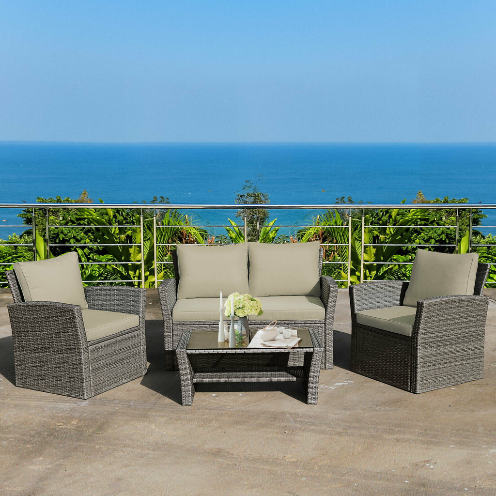4PCS Patio Rattan Furniture Set Sofa Table Storage Shelf Khaki Cushion  HW67841ABN