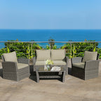4PCS Patio Rattan Furniture Set Sofa Table Storage Shelf Khaki Cushion  HW67841ABN