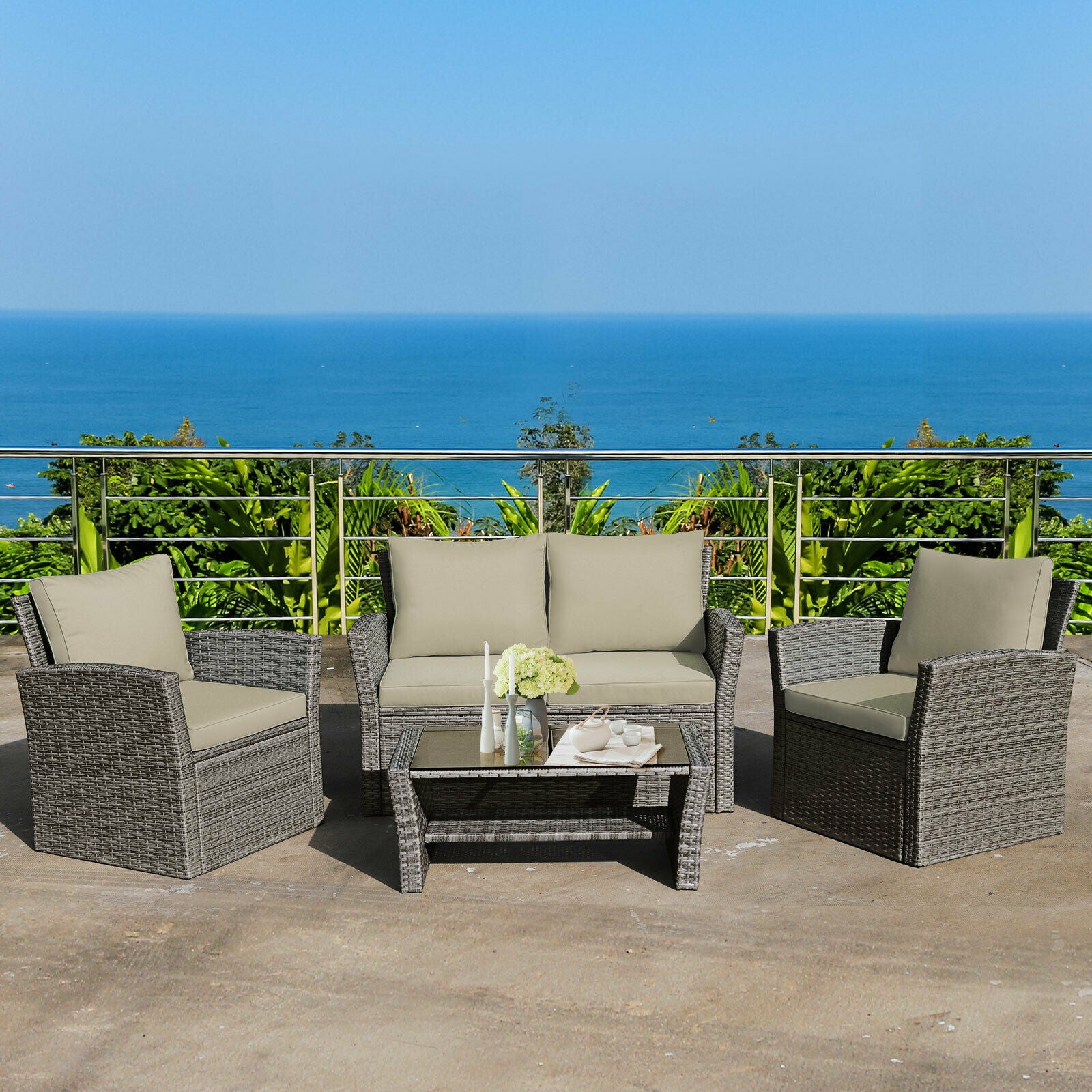 4PCS Patio Rattan Furniture Set Sofa Table Storage Shelf Khaki Cushion  HW67841ABN