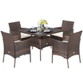 5PCS Patio Rattan Dining Furniture Set Armrest Sofa Chair Glass Table
