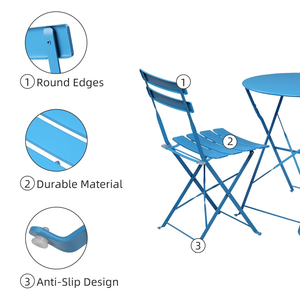 Iron Folding Three-Piece Set 2 Chairs 1 Table Blue[US-W]