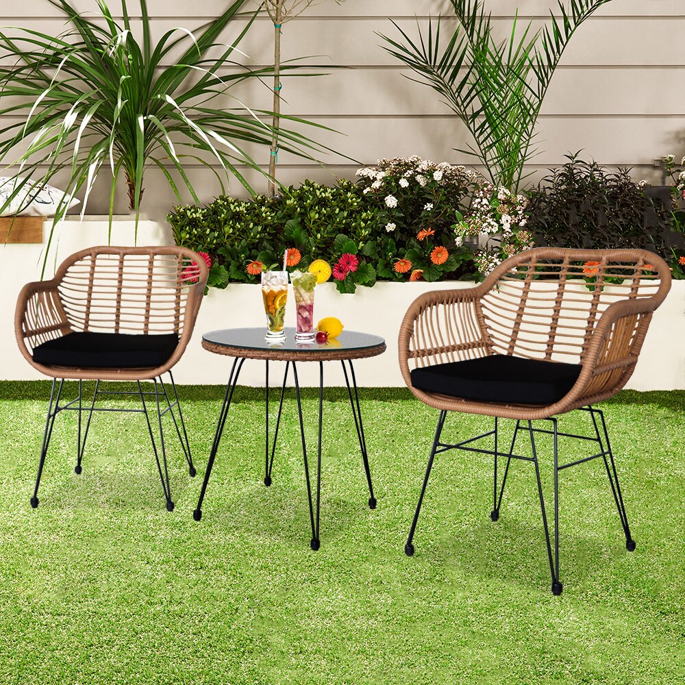 3 Pcs Outdoor Patio Furniture Set Wicker Rattan Conversation with Tempered Glass Table Flaxen Yellow for Porch Poolside Yard