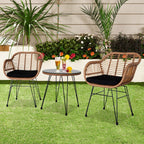 3 Pcs Outdoor Patio Furniture Set Wicker Rattan Conversation with Tempered Glass Table Flaxen Yellow for Porch Poolside Yard
