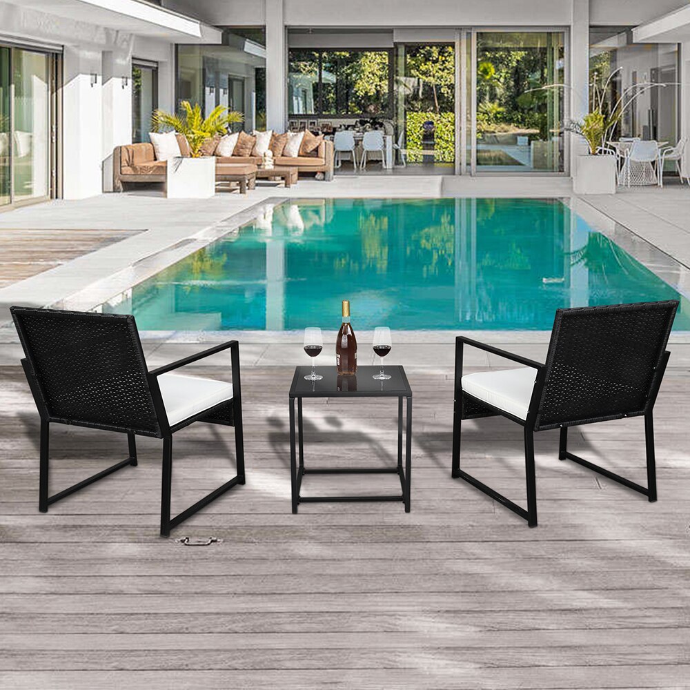 3 Piece Patio Furniture Set Wicker Rattan Outdoor Patio Conversation Set 2 Cushioned Chairs & End Table