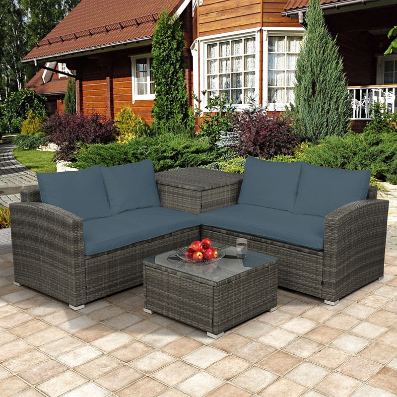 4 PCS Outdoor Cushioned PE Rattan Wicker Sectional Sofa Set Garden Patio Furniture Set With Storage Space