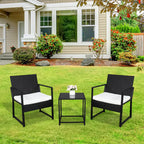 3 Piece Patio Furniture Set Wicker Rattan Outdoor Patio Conversation Set 2 Cushioned Chairs & End Table