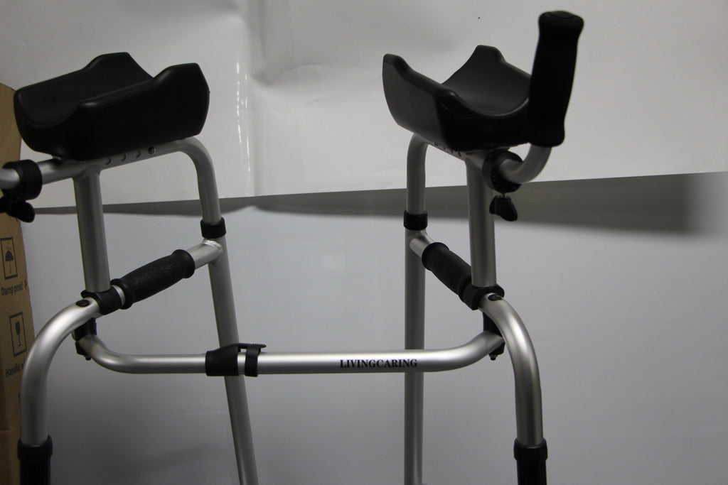 LIVINGCARING Foldable Standard Walker, Height Adjustable Aluminum Walkers for Seniors with Removable Armrest Pad, Lightweight Rehabilitation Auxiliary Rolling Walker, Walker Aid Supports UP to 235 lbs
