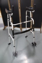 LIVINGCARING Foldable Standard Walker, Height Adjustable Aluminum Walkers for Seniors with Removable Armrest Pad, Lightweight Rehabilitation Auxiliary Rolling Walker, Walker Aid Supports UP to 235 lbs