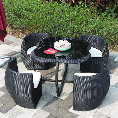 Outdoor Tables And Chairs Courtyard With Umbrella Outdoor Outdoor Balcony Tengbian Courtyard Garden Waterproof Tea Table Rattan Chair Combination Furniture