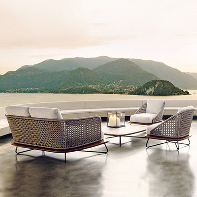 Nordic Outdoor Wood Art Pineapple Lattice Rope Leisure Sofa Combination Hotel Terrace Supporting Rattan Tables Chairs And Sofas