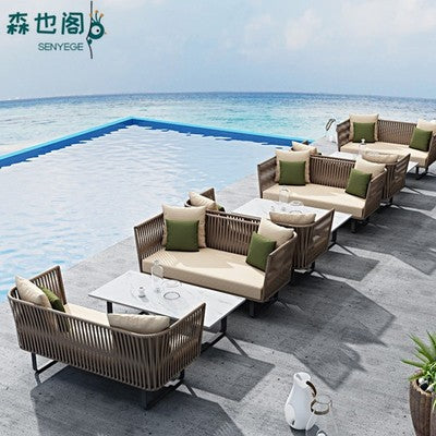 Outdoor Sofa Waterproof Outdoor Restaurant Card Seat Rattan Sofa Courtyard Terrace Leisure Double Rattan Sofa Chair