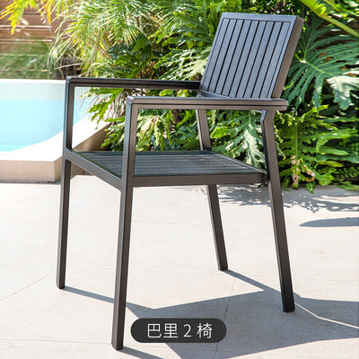 Black Plastic Wood Outdoor Tables And Chairs Combination Courtyard B B Hotel Outdoor Imitation Wood Tables And Chairs Anticorrosive Aluminum Balcony Furniture