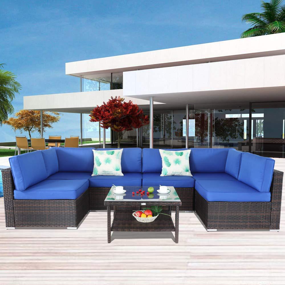7 Pieces Wicker PE Rattan Sectional Conversation  Sofa Sets