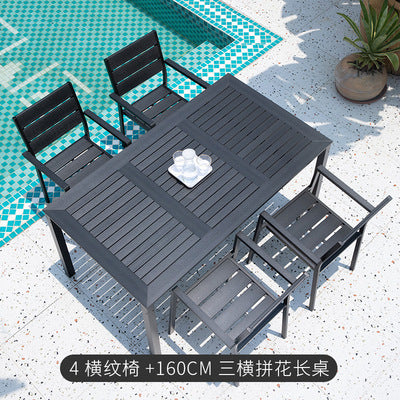 Black Plastic Wood Outdoor Tables And Chairs Combination Courtyard B B Hotel Outdoor Imitation Wood Tables And Chairs Anticorrosive Aluminum Balcony Furniture