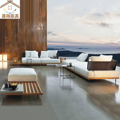 Rattan Woven Outdoor Sofa Courtyard Terrace Hotel Leisure Furniture Villa Rattan Art Open-air Garden Tea Table Combination