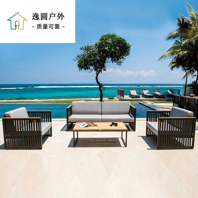 New Chinese Style Outdoor Sofa Simple Rattan Chair Aluminum Alloy Outdoor Rain Proof Balcony Courtyard Rattan Garden Tea Table