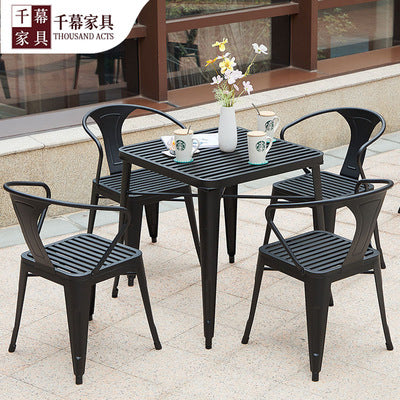 Qianmu Modern Simple Milk Tea Shop Coffee Shop Outdoor Tables And Chairs Combination Commercial Barbecue Shop Large Stall Plastic Wood Tables And Chairs