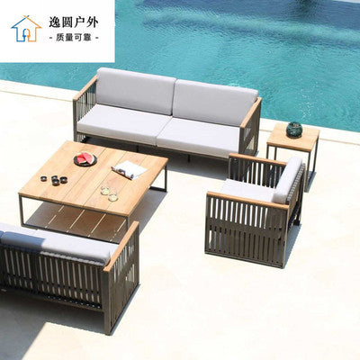 New Chinese Style Outdoor Sofa Simple Rattan Chair Aluminum Alloy Outdoor Rain Proof Balcony Courtyard Rattan Garden Tea Table